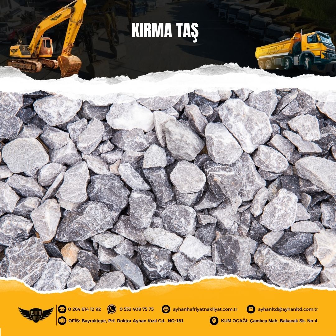 Ayhan Hafriyat Nakliyat’ın Sakarya Hendek’teki taş ocağında yüksek kaliteli kırma taş yığını ve yükleme işlemi.