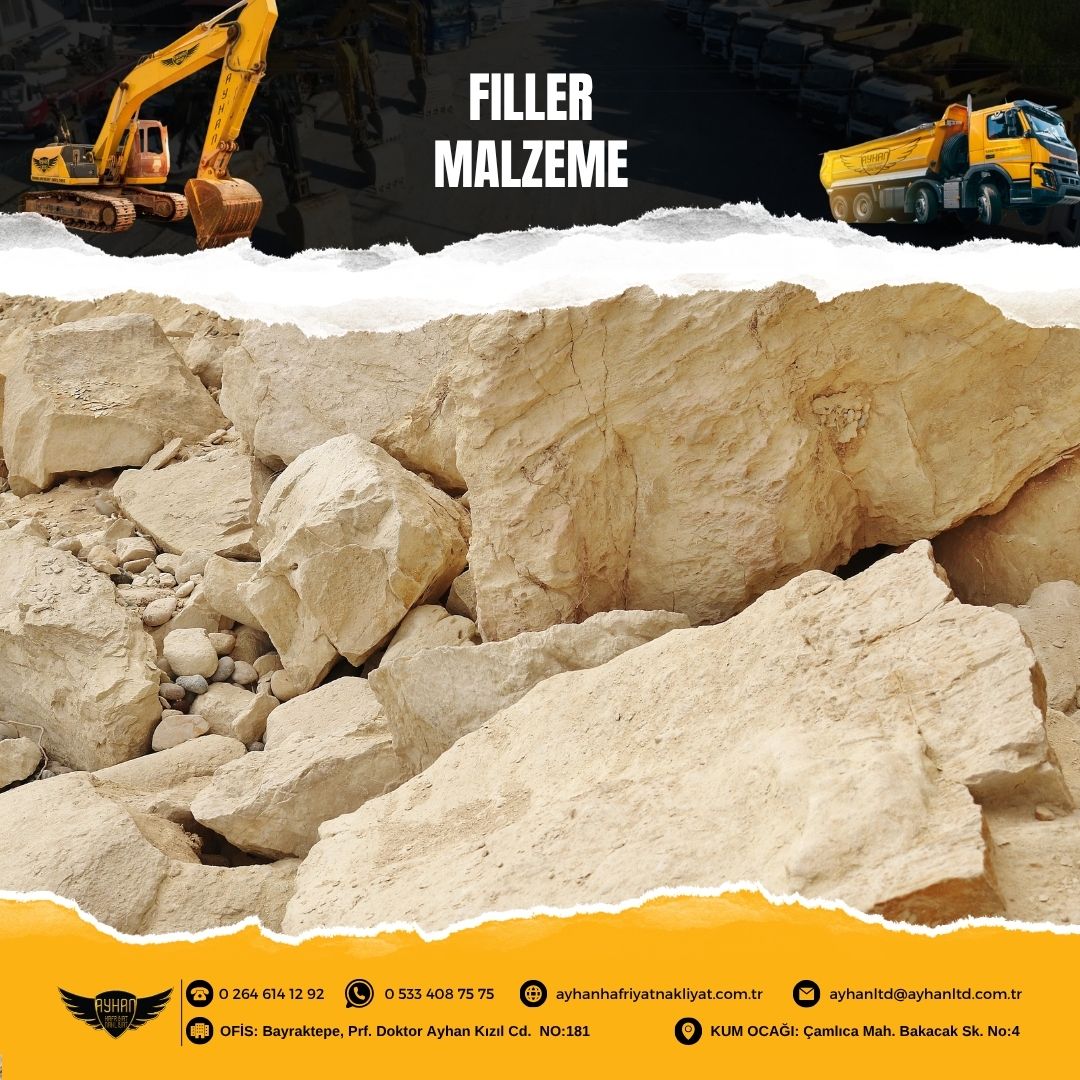 Ayhan Hafriyat Nakliyat’ın Sakarya Hendek’te doğal filler malzemesi yığını ve iş makineleri ile inşaat sahası görüntüsü.