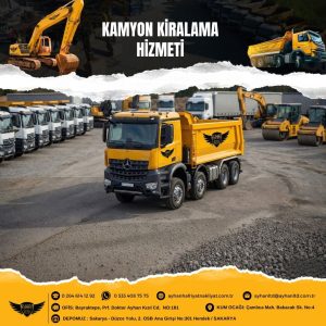 Sakarya Hendek’te Ayhan Hafriyat Nakliyat tarafından sunulan sarı kamyon kiralama hizmeti, depo alanında profesyonel araç filosu