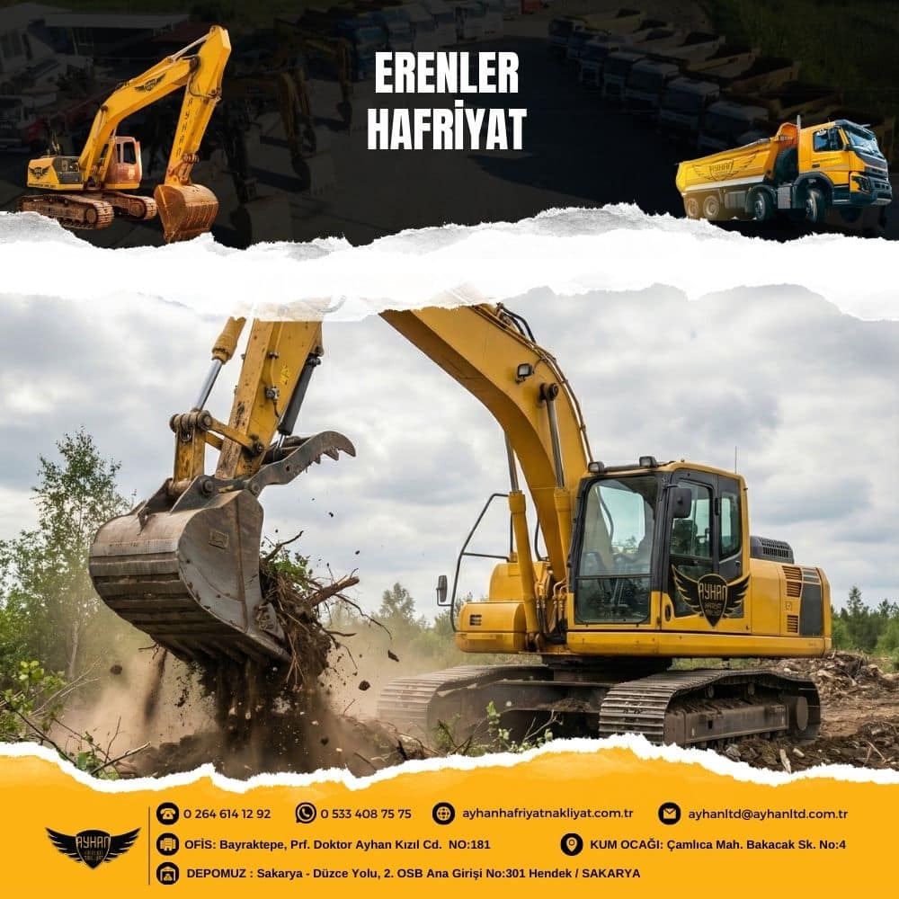 Erenler’de kazı çalışması yapan Ayhan Hafriyat Nakliyat logolu ekskavatör ve hafriyat tırı