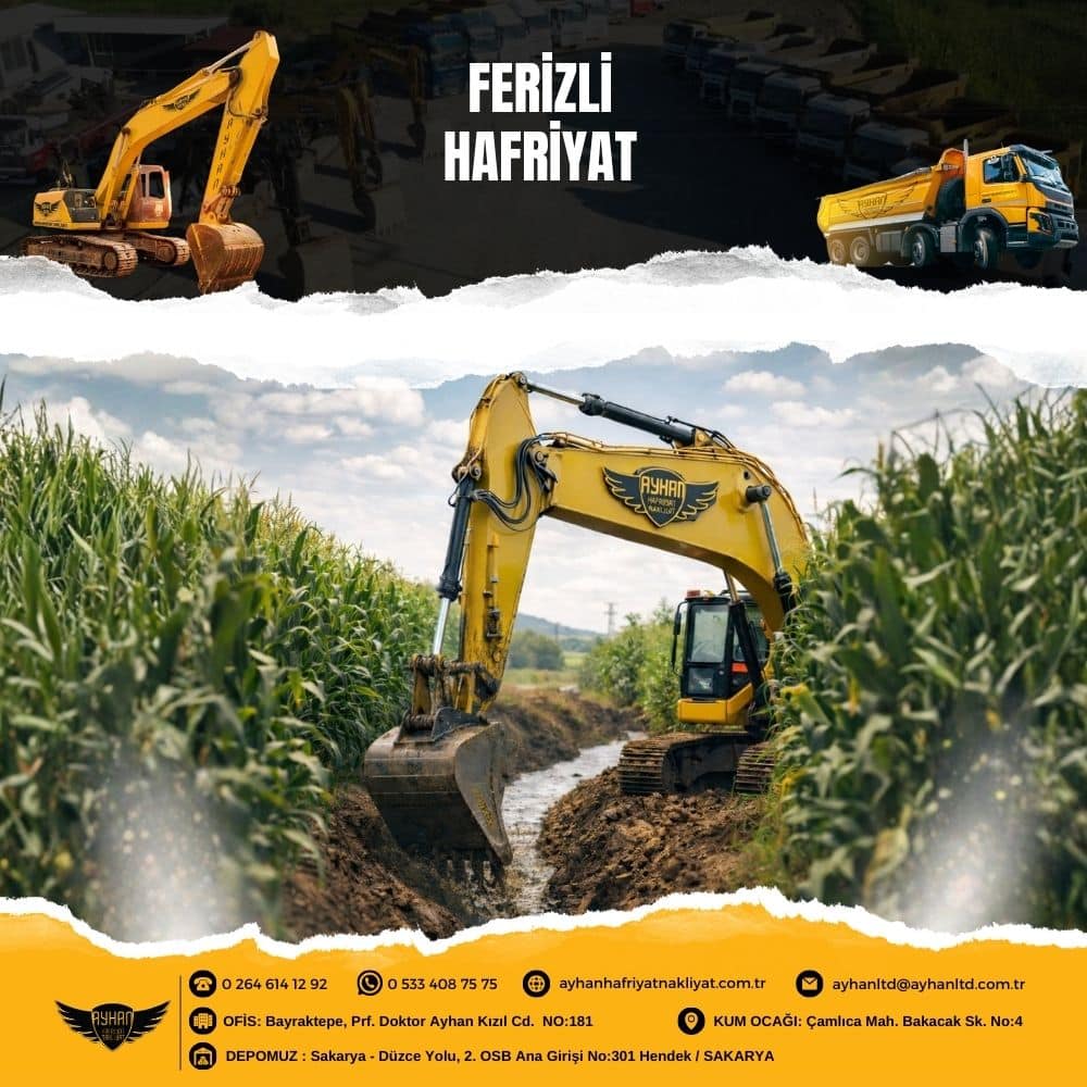 Ferizli’de kazı çalışması yapan Ayhan Hafriyat Nakliyat ekskavatörü ve hafriyat tırı