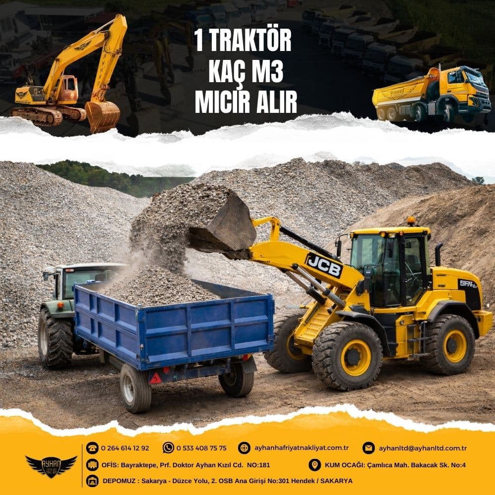 Kum ve mıcır deposunda JCB kepçe ile tek dingil traktör römorkuna çakıl ve mıcır yükleme işlemi