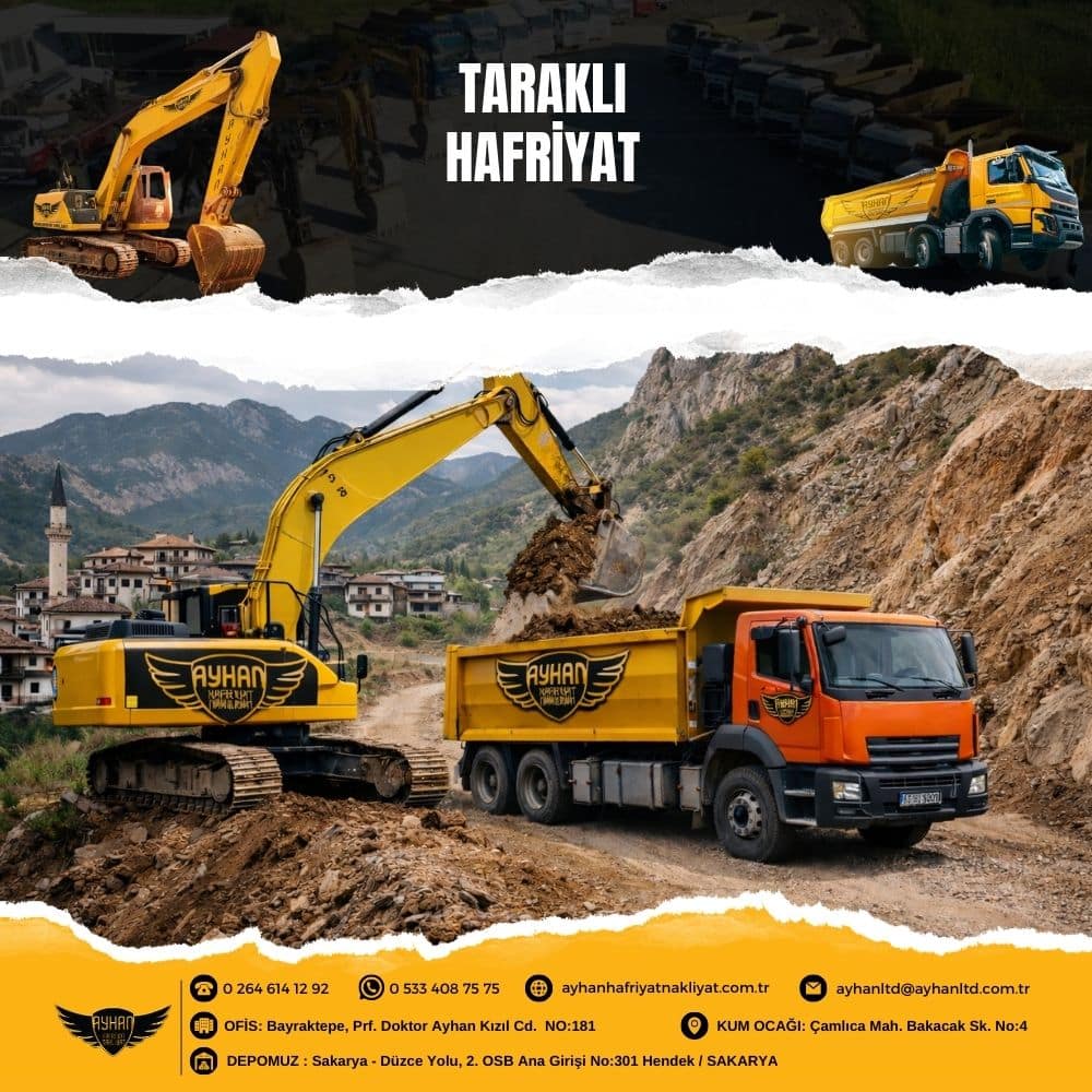 Taraklı ilçesinde kazı çalışması yapan Ayhan Hafriyat Nakliyat ekskavatörü ve hafriyat kamyonu