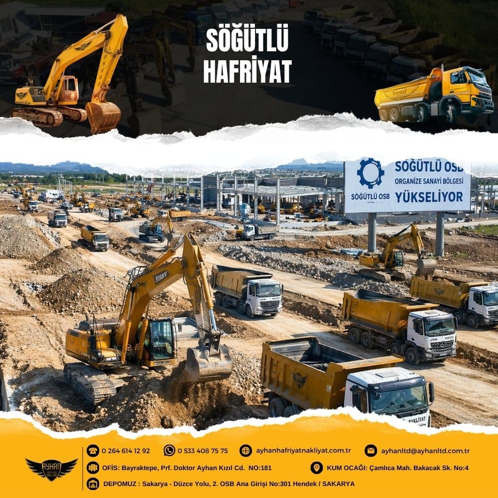 Söğütlü hafriyat çalışması Sakarya OSB inşaat sahasında ekskavatör ve kamyonlarla zemin kazı ve dolgu işlemi