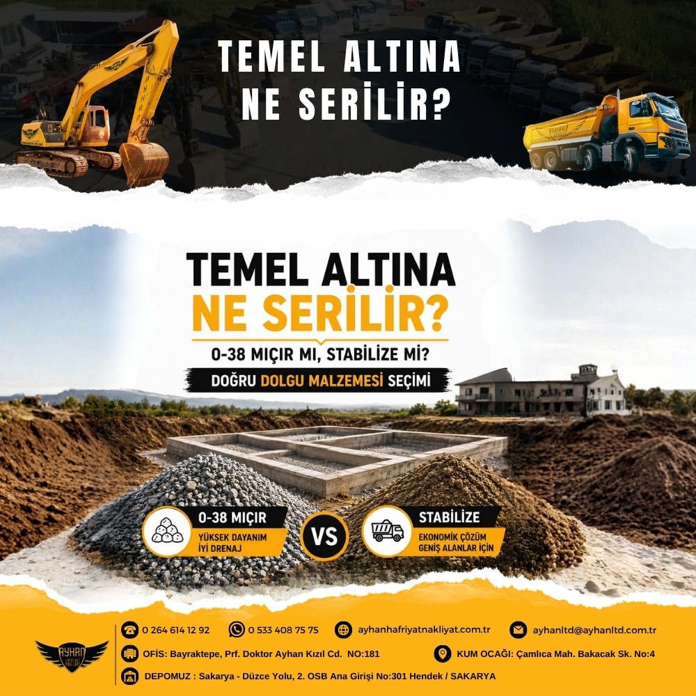 Temel altına ne serilir? 0-38 mıcır ve stabilize malzeme ile yapılan temel dolgu uygulaması.