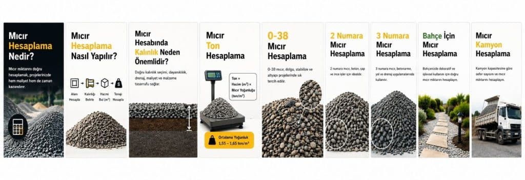 Mıcır hesaplama aracı rehberini gösteren görsel. Mıcır hesaplama, ton hesabı, 0-38 mıcır, 2 numara mıcır, 3 numara mıcır, bahçe ve yol için mıcır hesaplama konularını özetleyen infografik.