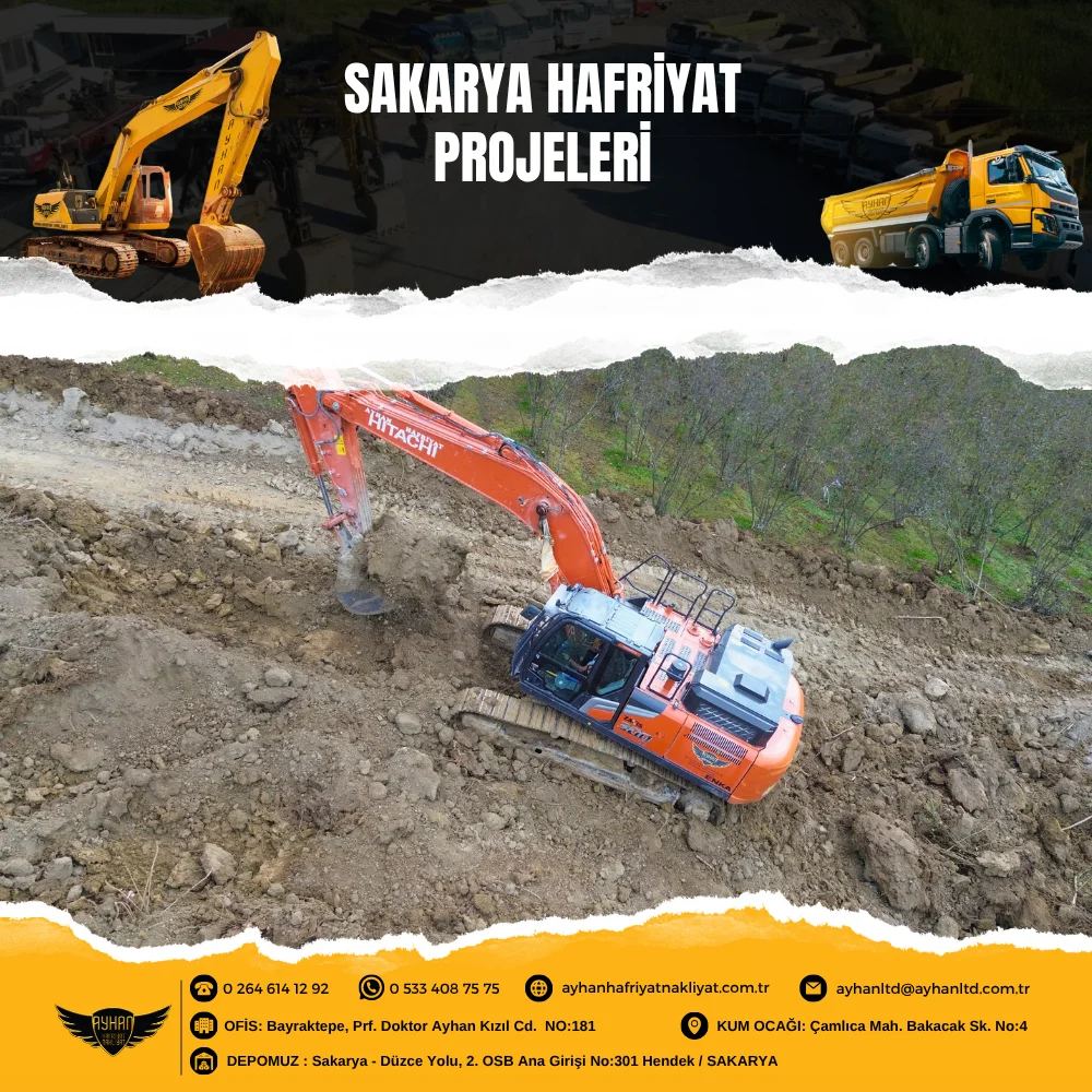 Sakarya hafriyat projeleri sırasında zemin hazırlığı yapan ekskavatör ve kamyon ekipmanları.